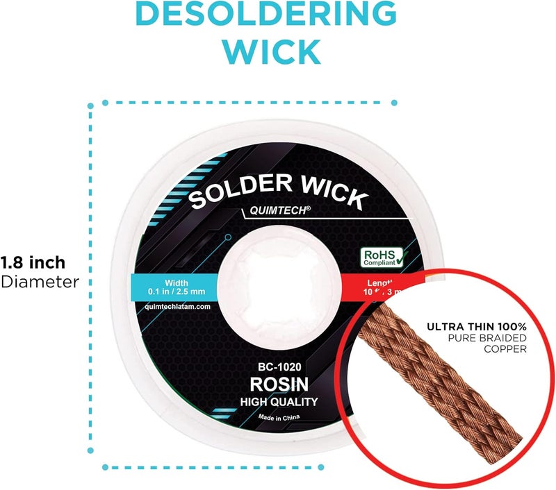 QUIMTECH Solder Wick Braid Copper Wire with flux 10 ft.(3M) Length X 2.5mm Width I Desoldering Wire I Solder Sucker I Solder Remover I Soldering Iron I Solder Braid for Circuit Board (1pcs) - Image 3